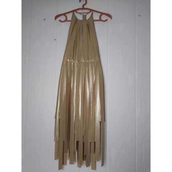Halston Heritage Halter Dress Womens XS Gold Metallic Fringe Strips Cocktail NWT - Picture 3 of 12